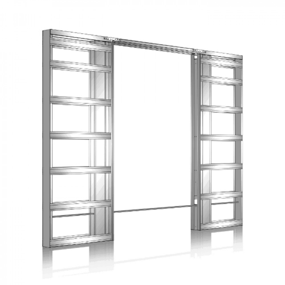 Freigestellter Schiebetür Einbaukasten für in der Wand laufende Schiebetüren von Eclisse. Hier ein Doppelflügel-Kasten der SYNTESIS® Line LUCE Serie.